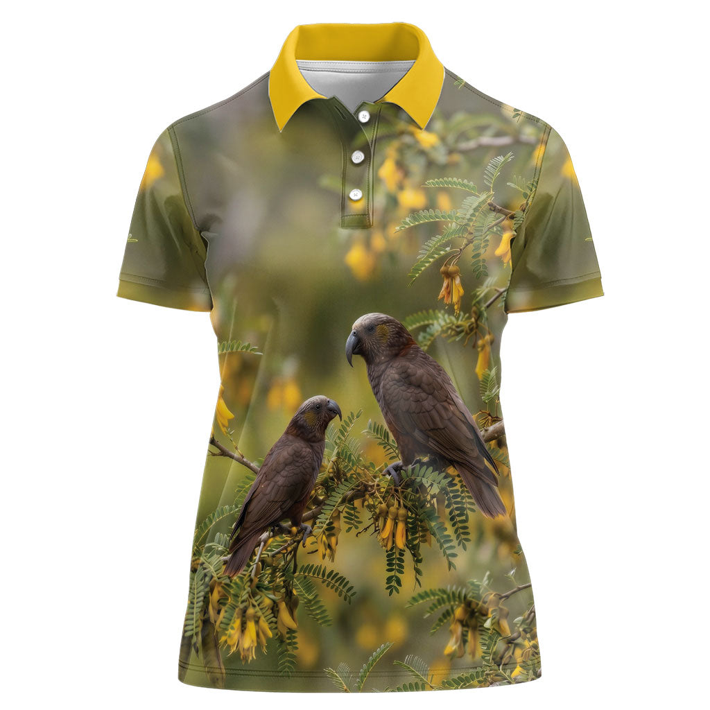 New Zealand Kaka Bird Women Polo Shirt Kowhai Flower Landscape Style LT22 Female Green - Polynesian Pride