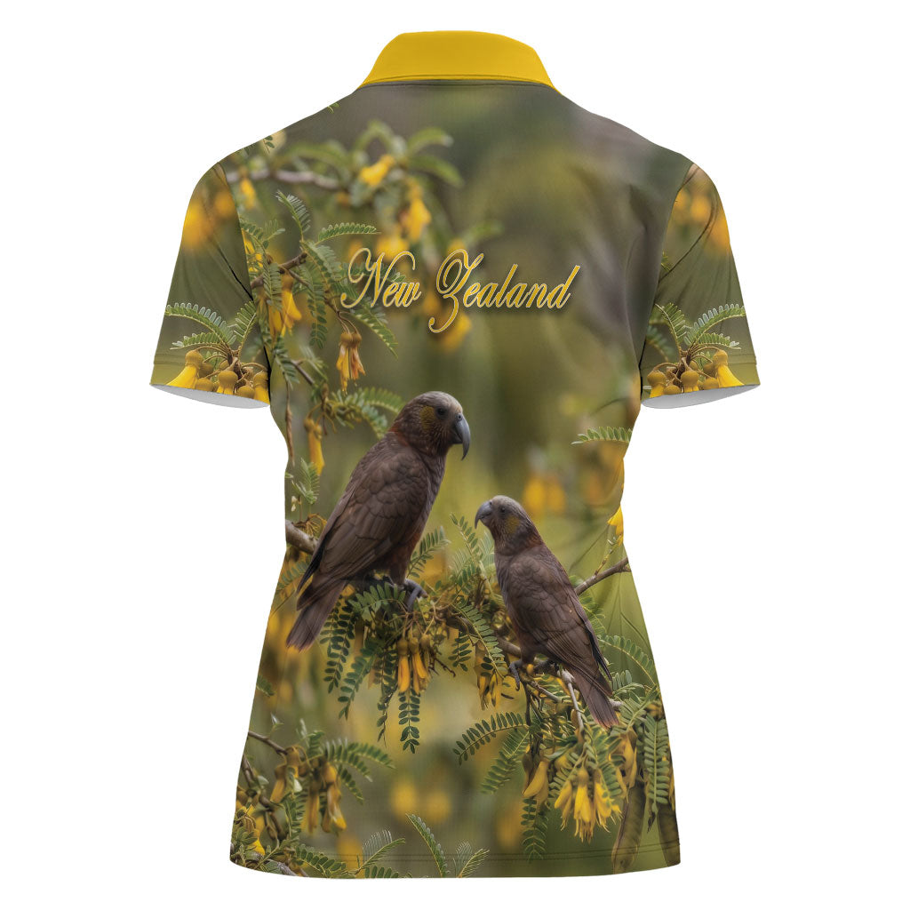 New Zealand Kaka Bird Women Polo Shirt Kowhai Flower Landscape Style LT22 - Polynesian Pride