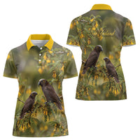 New Zealand Kaka Bird Women Polo Shirt Kowhai Flower Landscape Style LT22 - Polynesian Pride