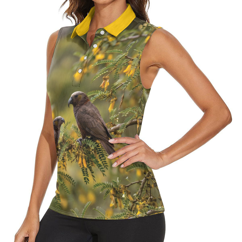 New Zealand Kaka Bird Women Sleeveless Polo Shirt Kowhai Flower Landscape Style LT22 - Polynesian Pride