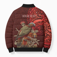 New Zealand Kaka Bird Personalised Bomber Puffer Jacket Pohutukawa Matariki Maori Pattern