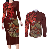 New Zealand Kaka Bird Personalised Couples Matching Long Sleeve Bodycon Dress and Long Sleeve Button Shirt Pohutukawa Matariki Maori Pattern LT22 Red - Polynesian Pride