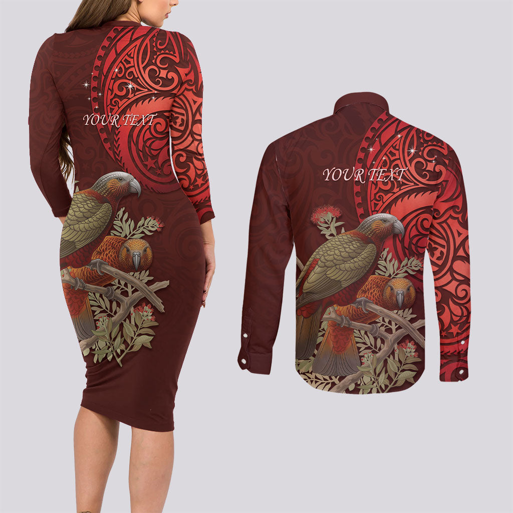 New Zealand Kaka Bird Personalised Couples Matching Long Sleeve Bodycon Dress and Long Sleeve Button Shirt Pohutukawa Matariki Maori Pattern LT22 - Polynesian Pride