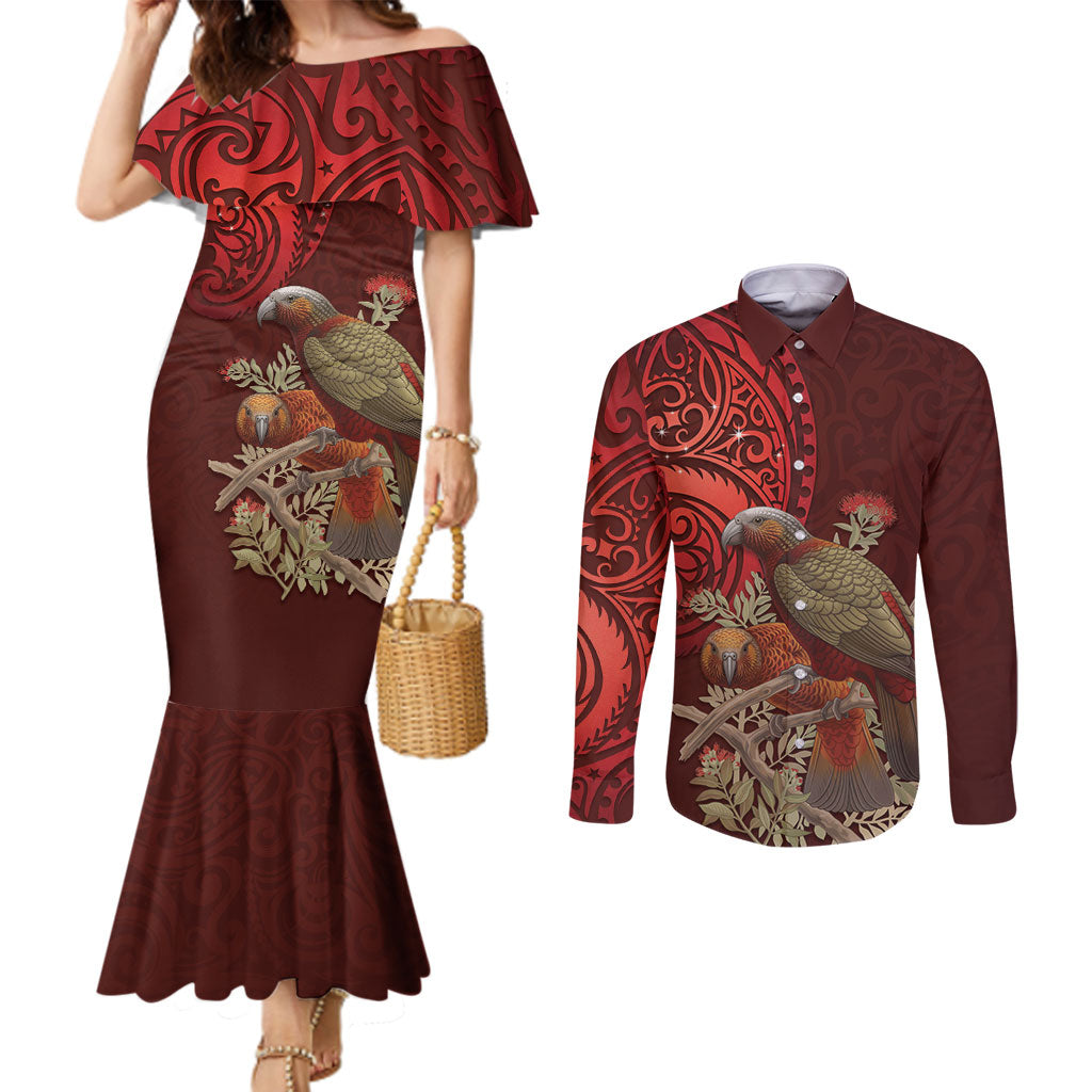 New Zealand Kaka Bird Personalised Couples Matching Mermaid Dress and Long Sleeve Button Shirt Pohutukawa Matariki Maori Pattern