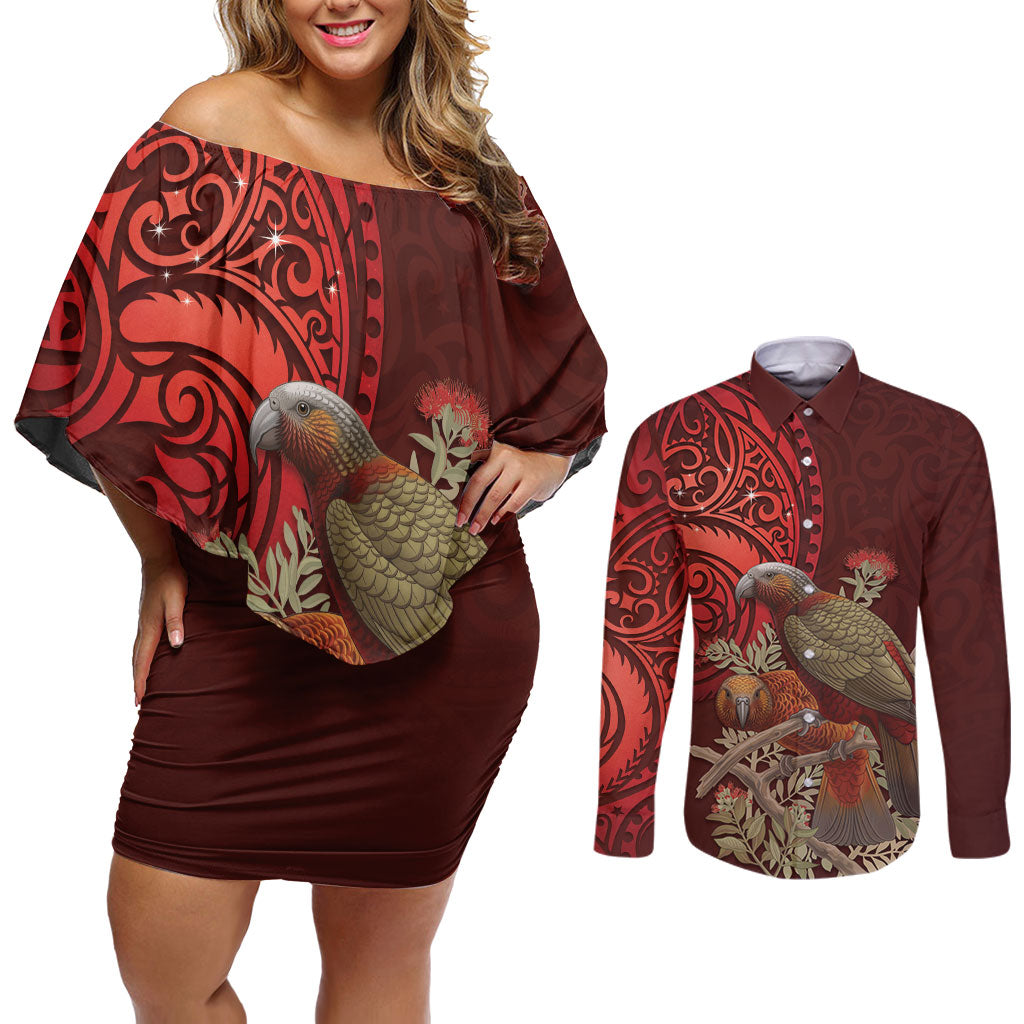 New Zealand Kaka Bird Personalised Couples Matching Off Shoulder Short Dress and Long Sleeve Button Shirt Pohutukawa Matariki Maori Pattern