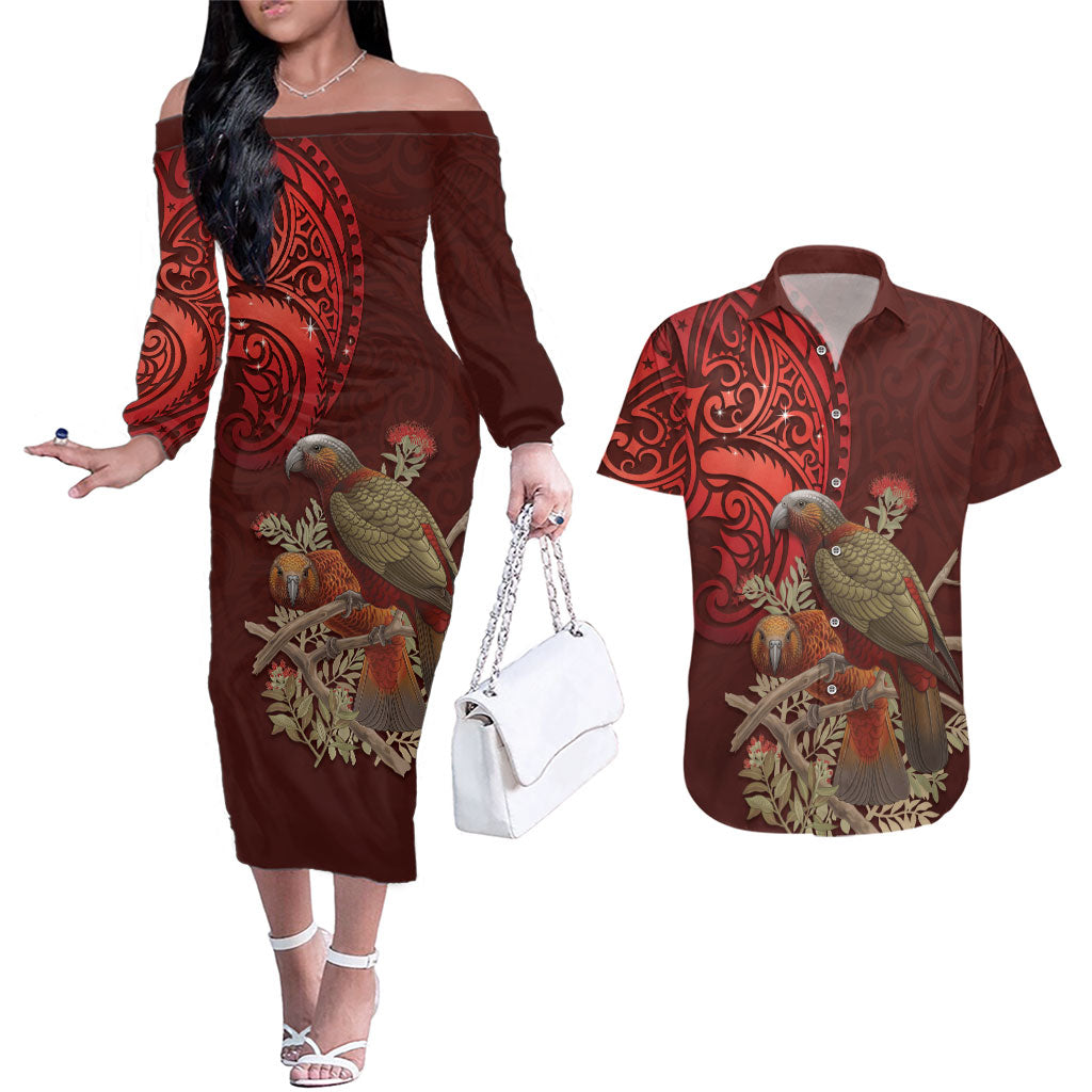 New Zealand Kaka Bird Personalised Couples Matching Off The Shoulder Long Sleeve Dress and Hawaiian Shirt Pohutukawa Matariki Maori Pattern LT22 Red - Polynesian Pride