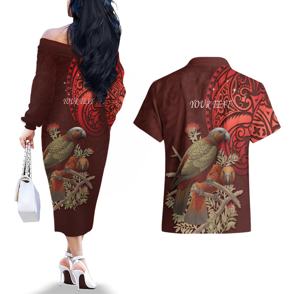 New Zealand Kaka Bird Personalised Couples Matching Off The Shoulder Long Sleeve Dress and Hawaiian Shirt Pohutukawa Matariki Maori Pattern LT22 - Polynesian Pride