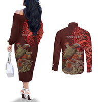 New Zealand Kaka Bird Personalised Couples Matching Off The Shoulder Long Sleeve Dress and Long Sleeve Button Shirt Pohutukawa Matariki Maori Pattern LT22 - Polynesian Pride