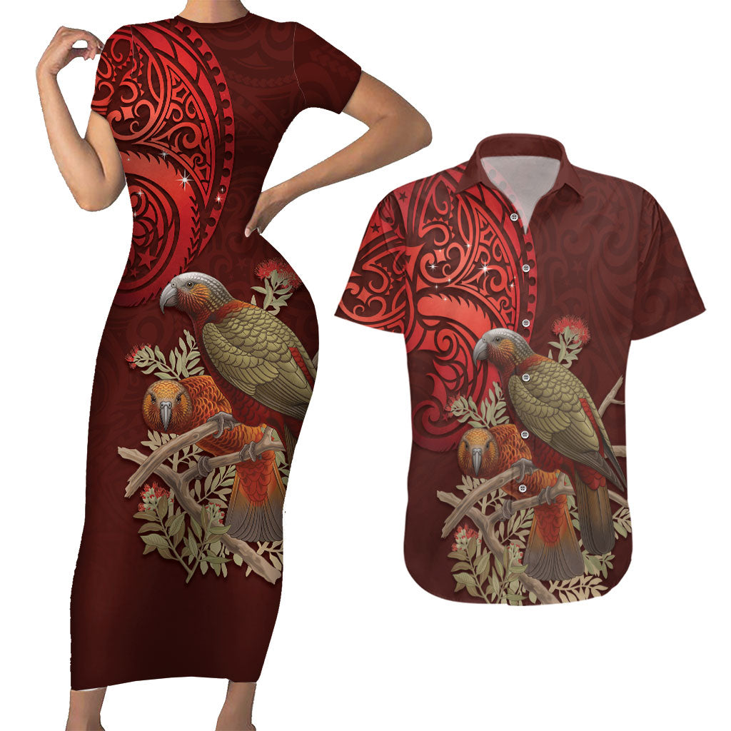 New Zealand Kaka Bird Personalised Couples Matching Short Sleeve Bodycon Dress and Hawaiian Shirt Pohutukawa Matariki Maori Pattern LT22 Red - Polynesian Pride