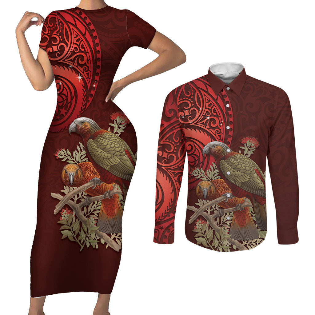 New Zealand Kaka Bird Personalised Couples Matching Short Sleeve Bodycon Dress and Long Sleeve Button Shirt Pohutukawa Matariki Maori Pattern LT22 Red - Polynesian Pride