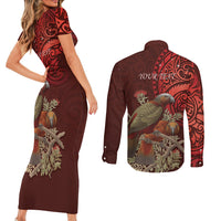 New Zealand Kaka Bird Personalised Couples Matching Short Sleeve Bodycon Dress and Long Sleeve Button Shirt Pohutukawa Matariki Maori Pattern LT22 - Polynesian Pride