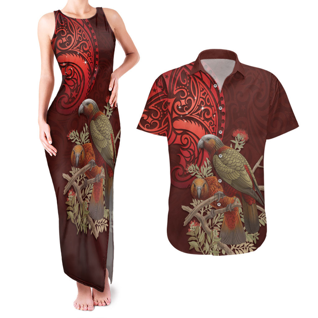New Zealand Kaka Bird Personalised Couples Matching Tank Maxi Dress and Hawaiian Shirt Pohutukawa Matariki Maori Pattern LT22 Red - Polynesian Pride