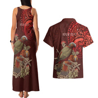 New Zealand Kaka Bird Personalised Couples Matching Tank Maxi Dress and Hawaiian Shirt Pohutukawa Matariki Maori Pattern LT22 - Polynesian Pride