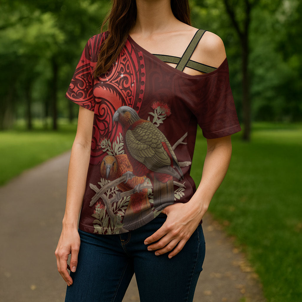 New Zealand Kaka Bird Personalised Cross Shoulder Shirt Pohutukawa Matariki Maori Pattern