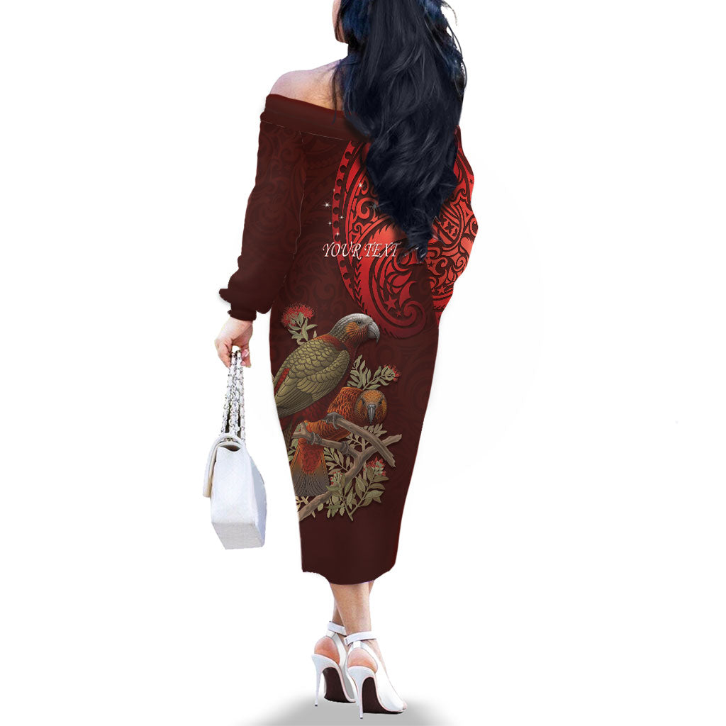 New Zealand Kaka Bird Personalised Family Matching Off The Shoulder Long Sleeve Dress and Hawaiian Shirt Pohutukawa Matariki Maori Pattern LT22 - Polynesian Pride