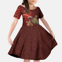New Zealand Kaka Bird Personalised Family Matching Off Shoulder Maxi Dress and Hawaiian Shirt Pohutukawa Matariki Maori Pattern LT22 Daughter's Dress Red - Polynesian Pride