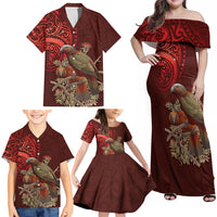 New Zealand Kaka Bird Personalised Family Matching Off Shoulder Maxi Dress and Hawaiian Shirt Pohutukawa Matariki Maori Pattern LT22 - Polynesian Pride