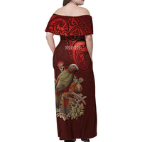 New Zealand Kaka Bird Personalised Family Matching Off Shoulder Maxi Dress and Hawaiian Shirt Pohutukawa Matariki Maori Pattern LT22 - Polynesian Pride