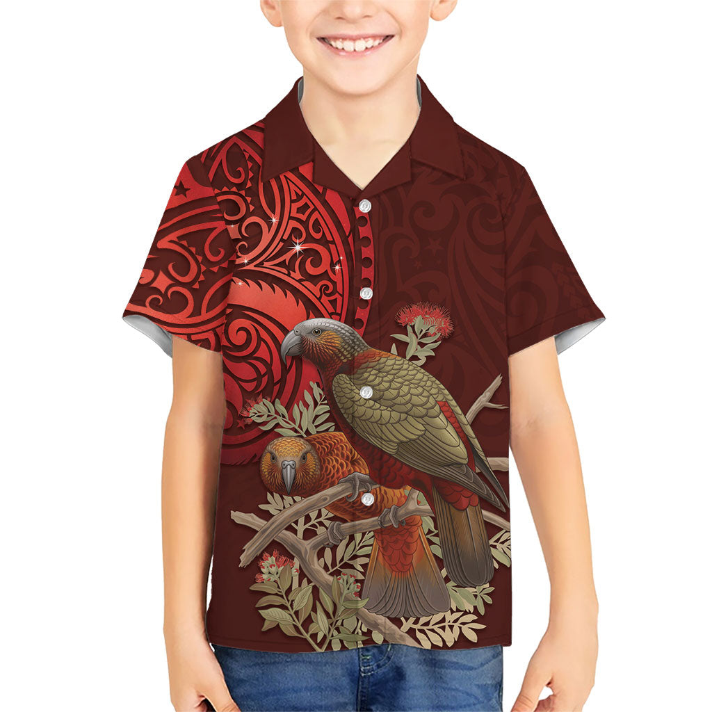 New Zealand Kaka Bird Personalised Family Matching Off Shoulder Maxi Dress and Hawaiian Shirt Pohutukawa Matariki Maori Pattern LT22 Son's Shirt Red - Polynesian Pride