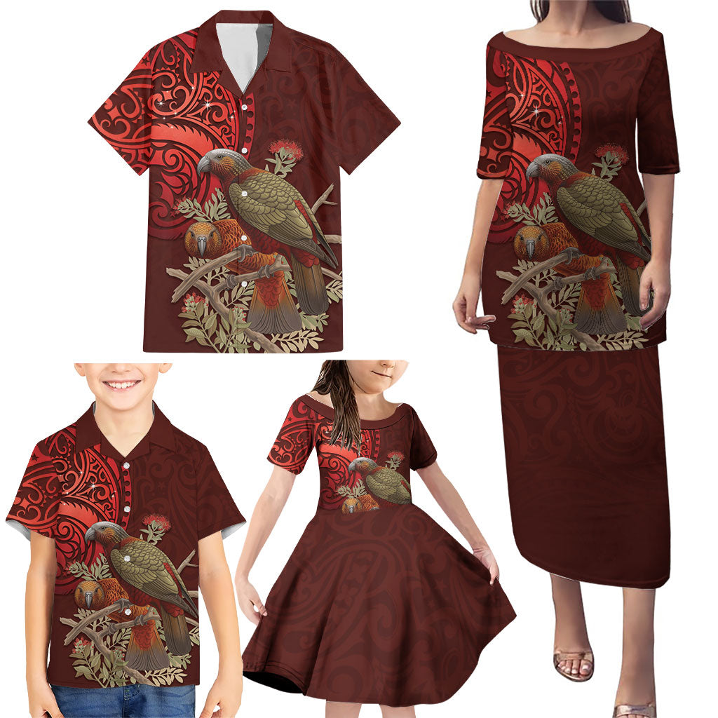 New Zealand Kaka Bird Personalised Family Matching Puletasi and Hawaiian Shirt Pohutukawa Matariki Maori Pattern LT22 - Polynesian Pride