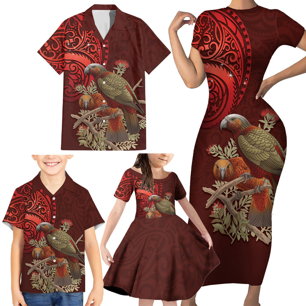 New Zealand Kaka Bird Personalised Family Matching Short Sleeve Bodycon Dress and Hawaiian Shirt Pohutukawa Matariki Maori Pattern LT22 - Polynesian Pride