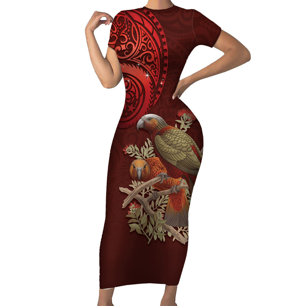 New Zealand Kaka Bird Personalised Family Matching Short Sleeve Bodycon Dress and Hawaiian Shirt Pohutukawa Matariki Maori Pattern LT22 Mom's Dress Red - Polynesian Pride