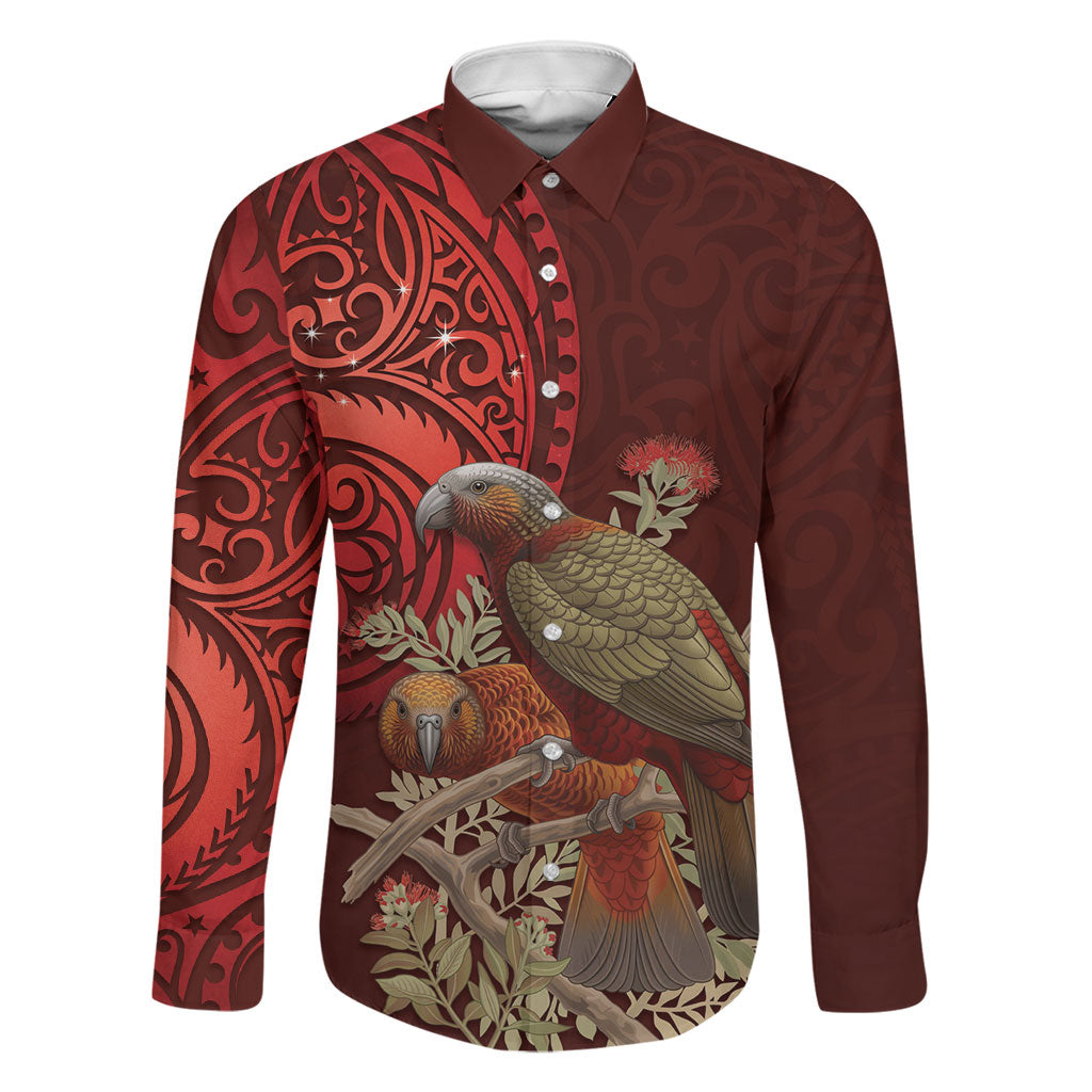 New Zealand Kaka Bird Personalised Family Matching Summer Maxi Dress and Hawaiian Shirt Pohutukawa Matariki Maori Pattern LT22 Dad's Shirt - Long Sleeve Red - Polynesian Pride