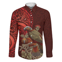 New Zealand Kaka Bird Personalised Family Matching Summer Maxi Dress and Hawaiian Shirt Pohutukawa Matariki Maori Pattern LT22 Dad's Shirt - Long Sleeve Red - Polynesian Pride
