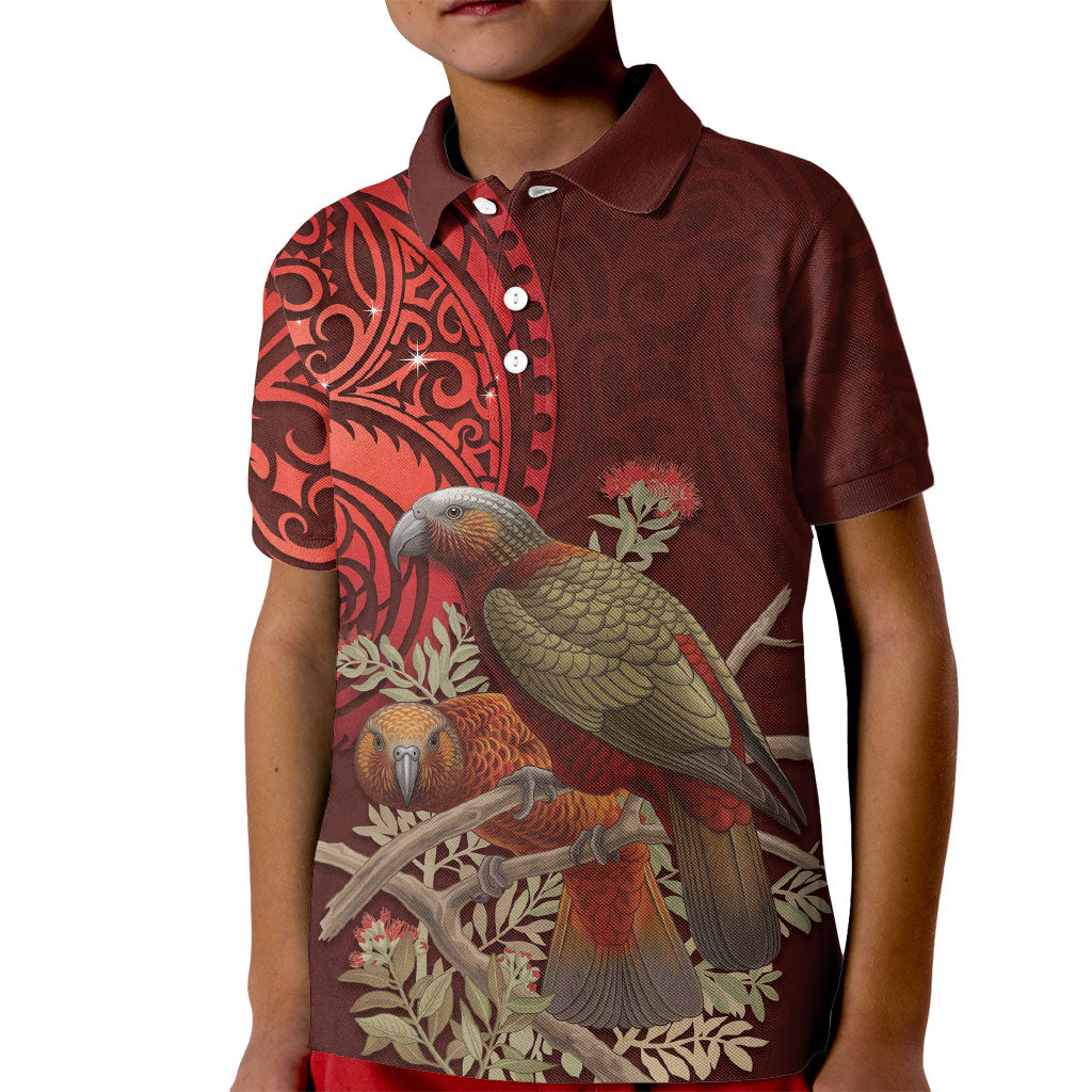 New Zealand Kaka Bird Personalised Kid Polo Shirt Pohutukawa Matariki Maori Pattern