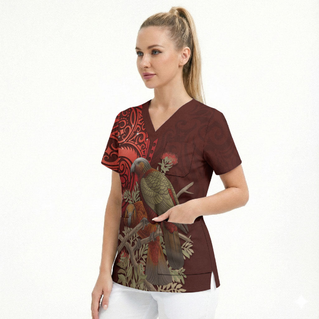 New Zealand Kaka Bird Personalised Scrub Top Pohutukawa Matariki Maori Pattern
