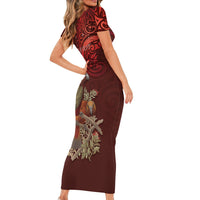 New Zealand Kaka Bird Personalised Short Sleeve Bodycon Dress Pohutukawa Matariki Maori Pattern