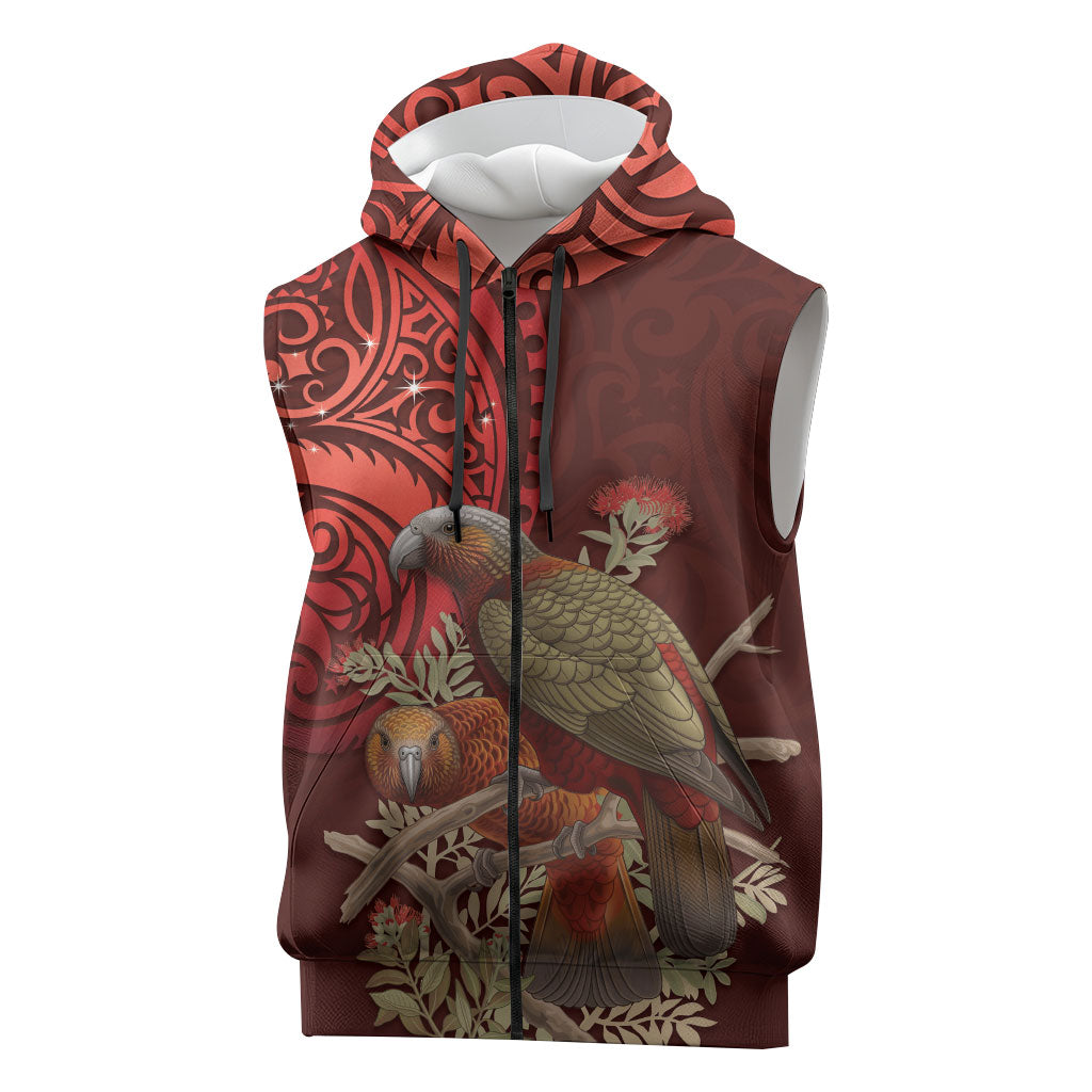 New Zealand Kaka Bird Personalised Sleeveless Zip Hoodie Pohutukawa Matariki Maori Pattern