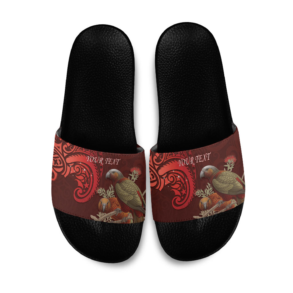 New Zealand Kaka Bird Personalised Slide Sandals Pohutukawa Matariki Maori Pattern