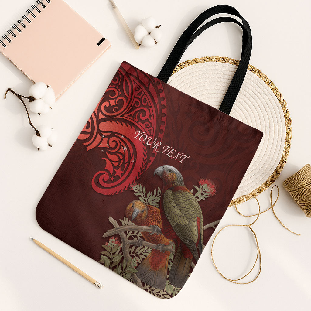 New Zealand Kaka Bird Personalised Tote Bag Pohutukawa Matariki Maori Pattern LT22 Black Strap One Size Red - Polynesian Pride