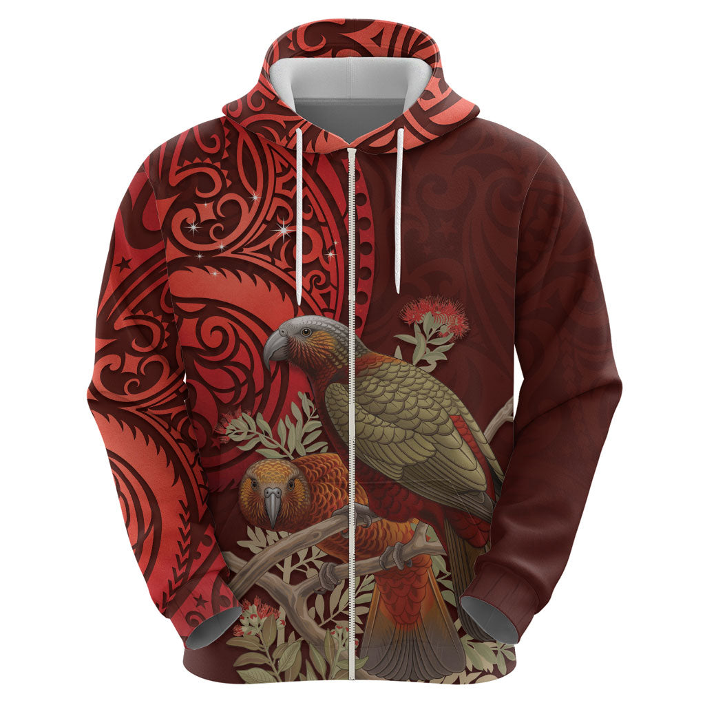 New Zealand Kaka Bird Personalised Zip Hoodie Pohutukawa Matariki Maori Pattern