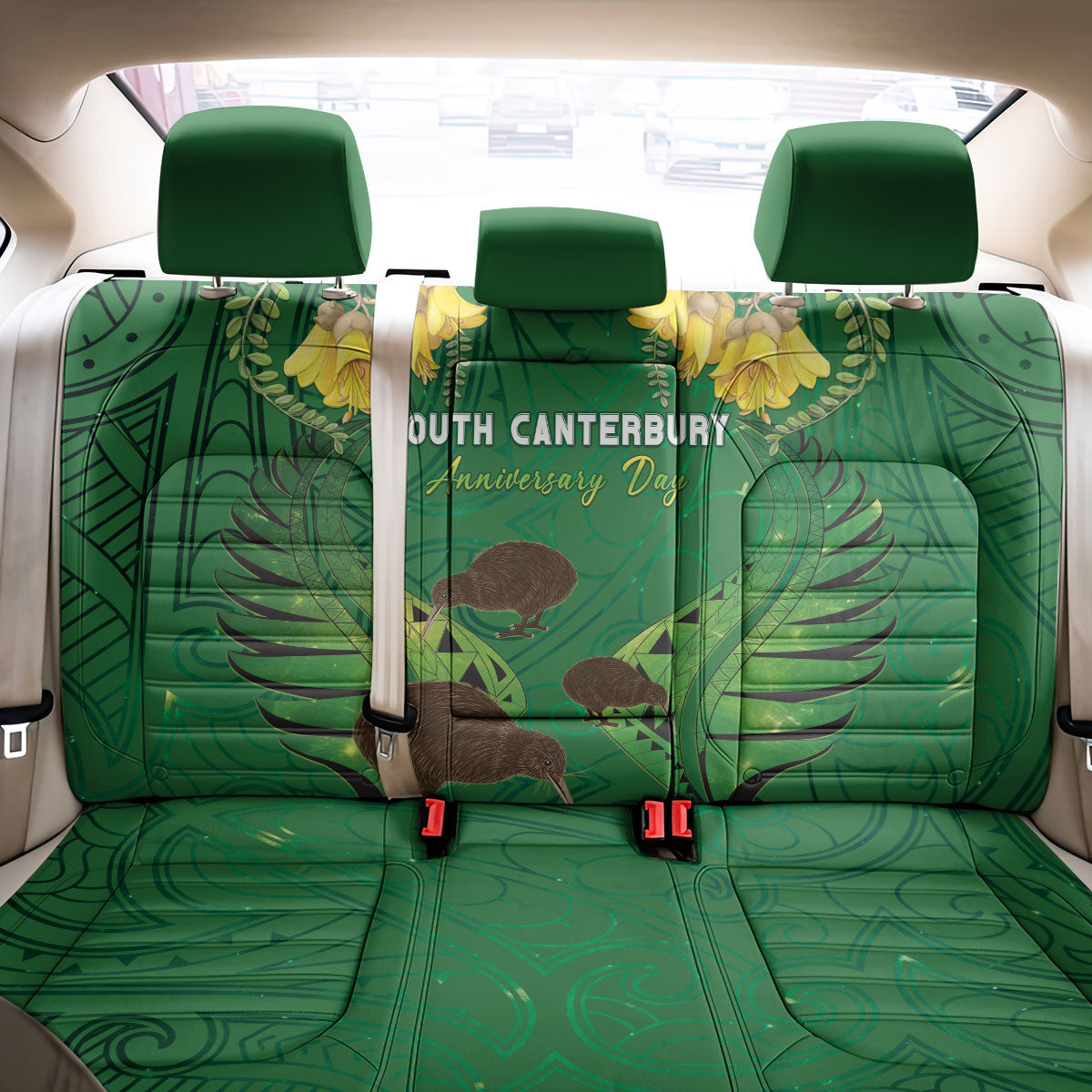 South Canterbury Anniversary Day Back Car Seat Cover Kiwi Kowhai Silver Fern Maori Pattern LT22 - Polynesian Pride