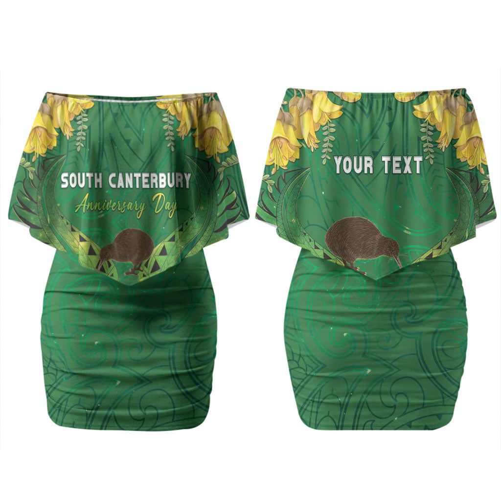 Personalised South Canterbury Anniversary Day Couples Matching Off Shoulder Short Dress and Long Sleeve Button Shirt Kiwi Kowhai Silver Fern Maori Pattern LT22 - Polynesian Pride