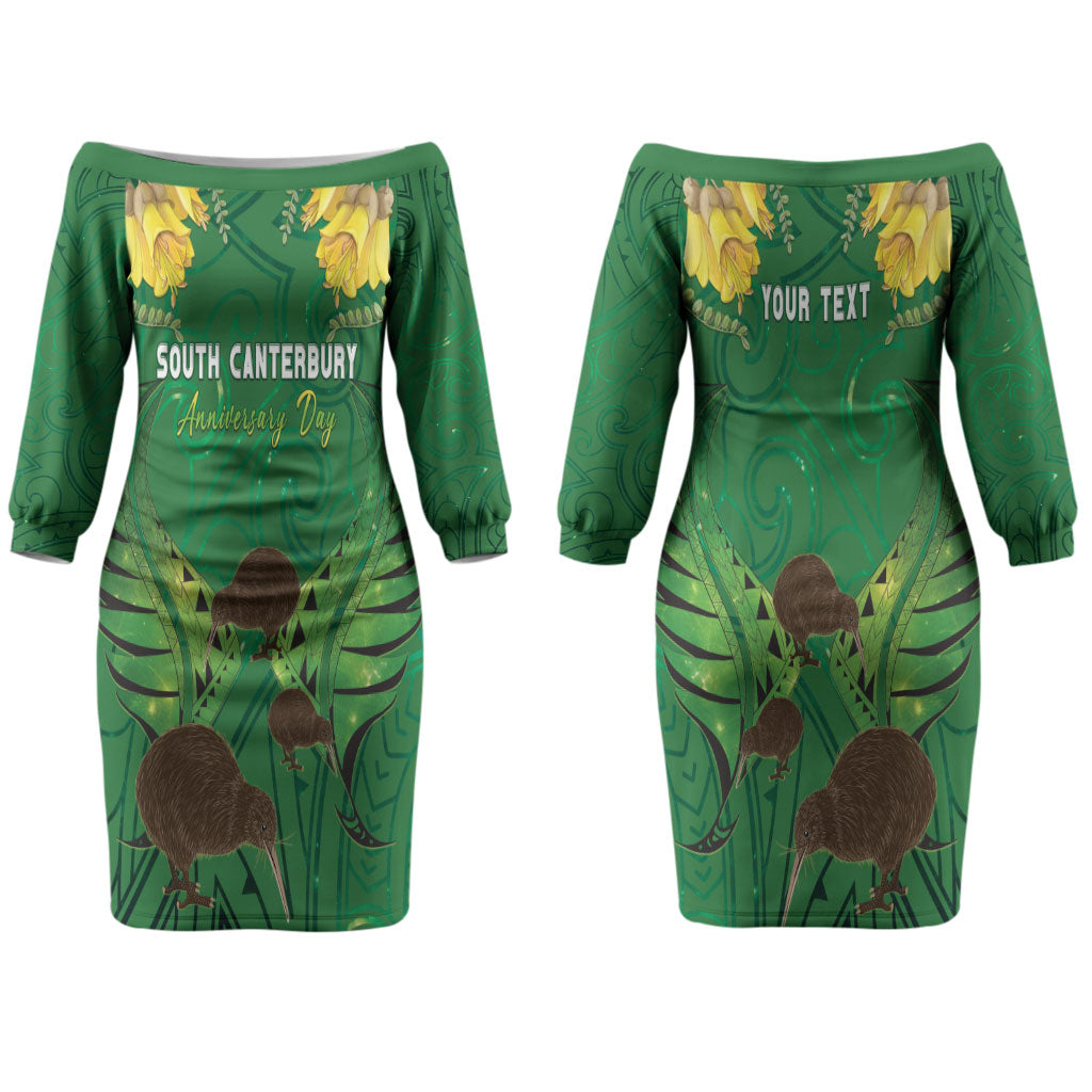 Personalised South Canterbury Anniversary Day Couples Matching Off The Shoulder Long Sleeve Dress and Hawaiian Shirt Kiwi Kowhai Silver Fern Maori Pattern LT22 - Polynesian Pride