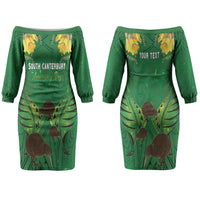 Personalised South Canterbury Anniversary Day Couples Matching Off The Shoulder Long Sleeve Dress and Hawaiian Shirt Kiwi Kowhai Silver Fern Maori Pattern LT22 - Polynesian Pride