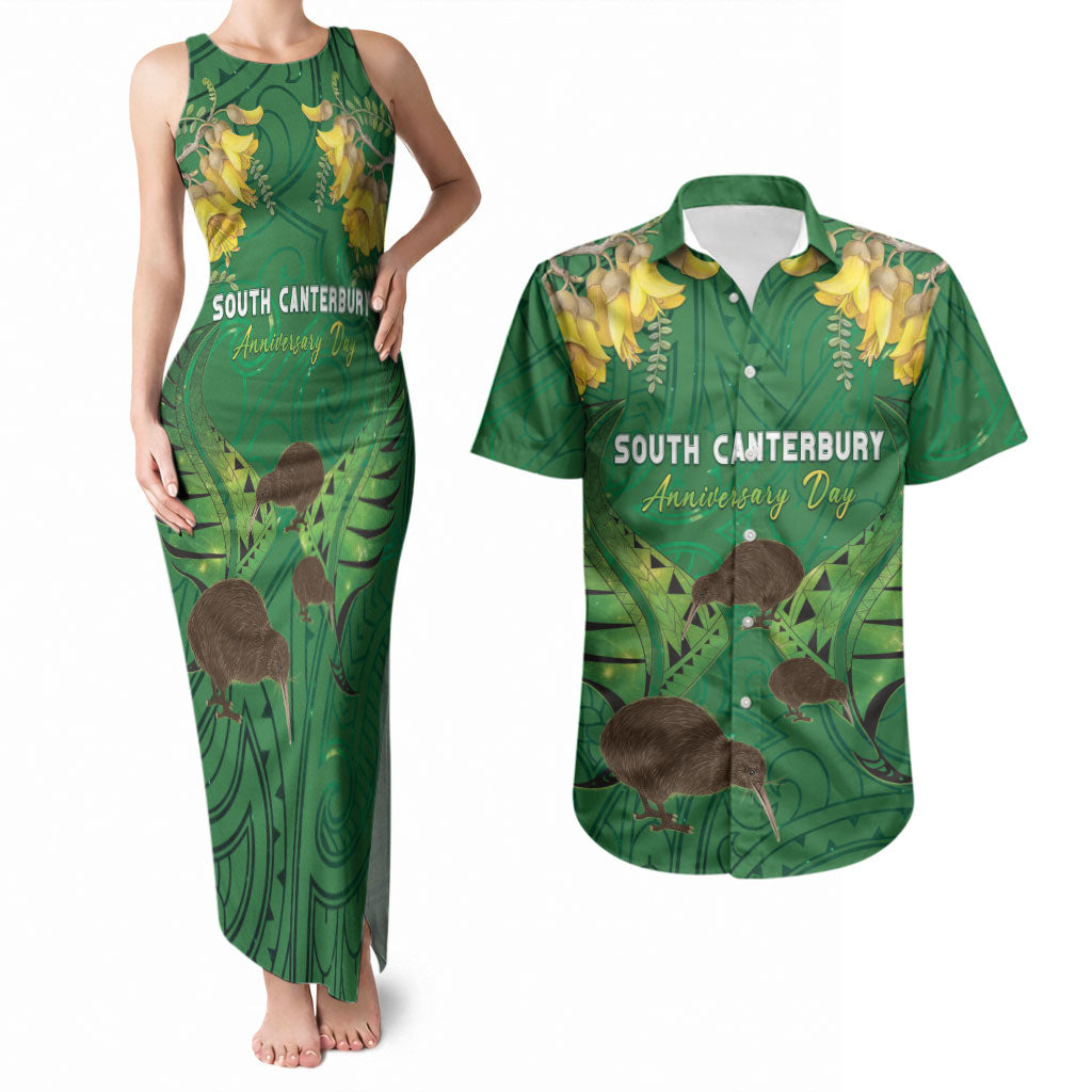 Personalised South Canterbury Anniversary Day Couples Matching Tank Maxi Dress and Hawaiian Shirt Kiwi Kowhai Silver Fern Maori Pattern LT22 Green - Polynesian Pride