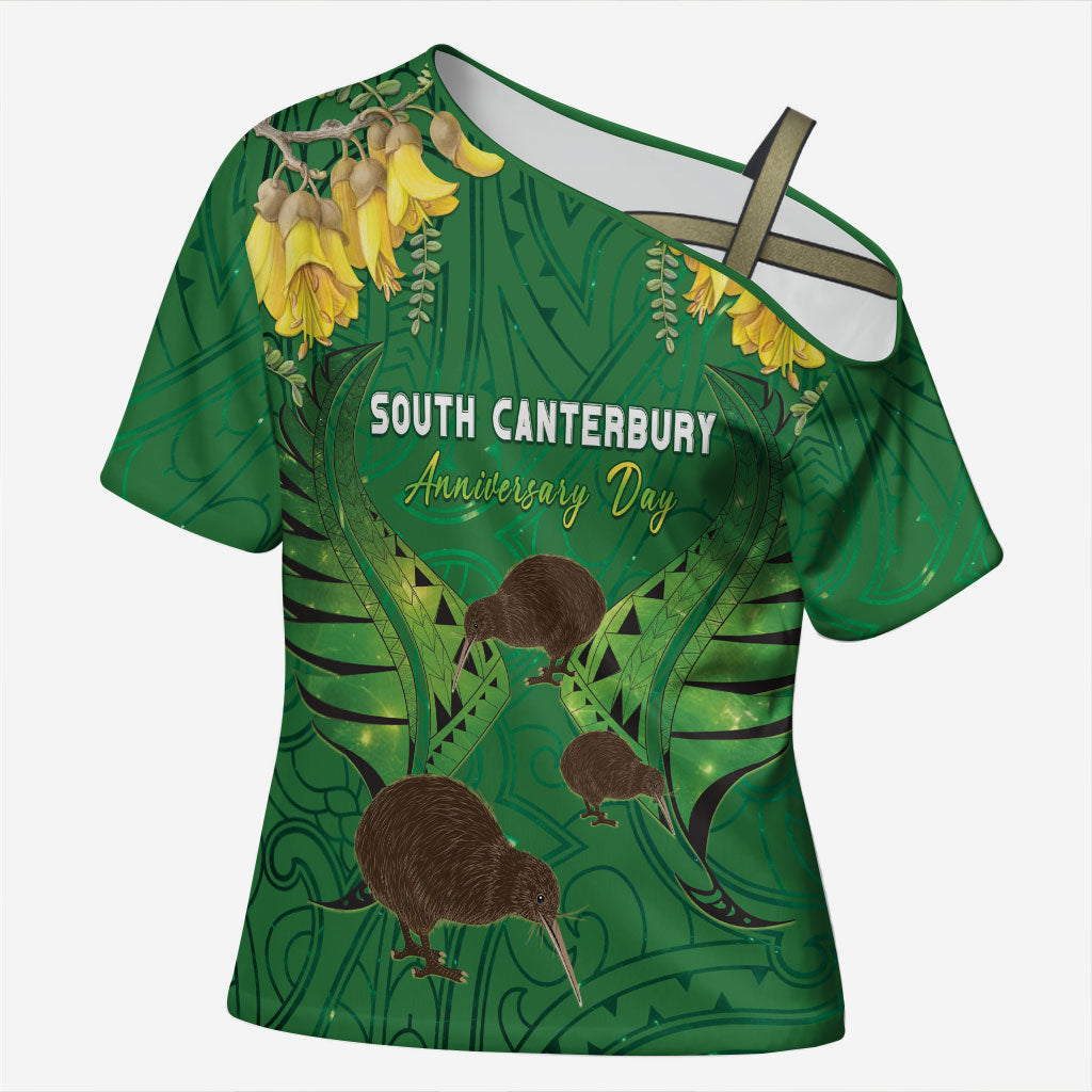 Personalised South Canterbury Anniversary Day Cross Shoulder Shirt Kiwi Kowhai Silver Fern Maori Pattern LT22 Female Green - Polynesian Pride