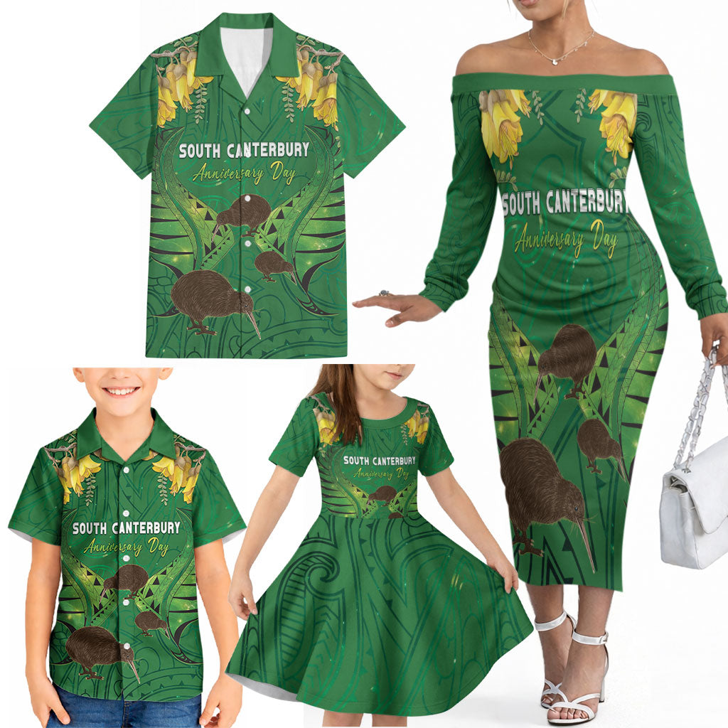 Personalised South Canterbury Anniversary Day Family Matching Off The Shoulder Long Sleeve Dress and Hawaiian Shirt Kiwi Kowhai Silver Fern Maori Pattern LT22 - Polynesian Pride