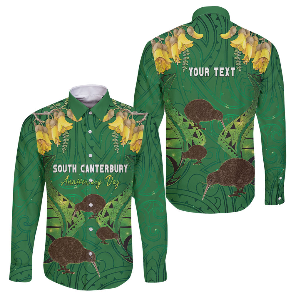 Personalised South Canterbury Anniversary Day Family Matching Off The Shoulder Long Sleeve Dress and Hawaiian Shirt Kiwi Kowhai Silver Fern Maori Pattern LT22 Dad's Shirt - Long Sleeve Green - Polynesian Pride