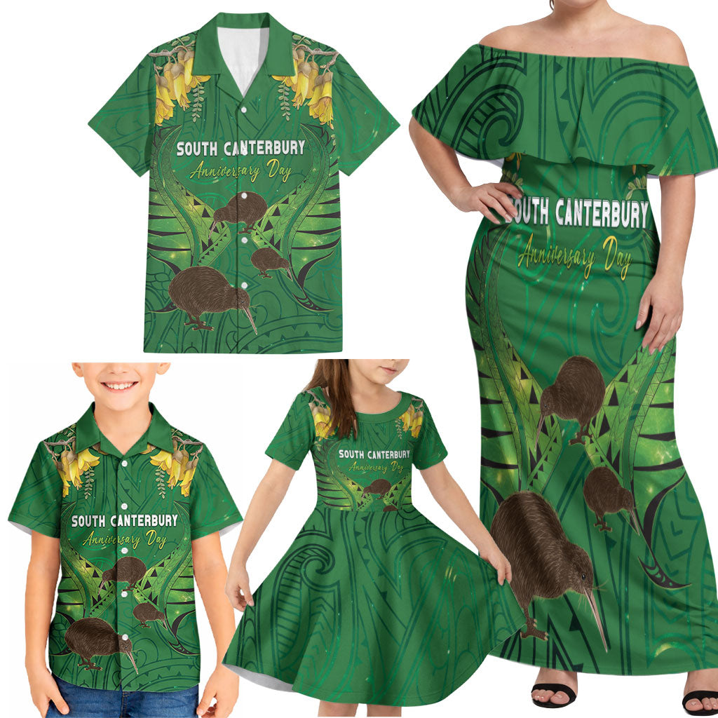 Personalised South Canterbury Anniversary Day Family Matching Off Shoulder Maxi Dress and Hawaiian Shirt Kiwi Kowhai Silver Fern Maori Pattern LT22 - Polynesian Pride