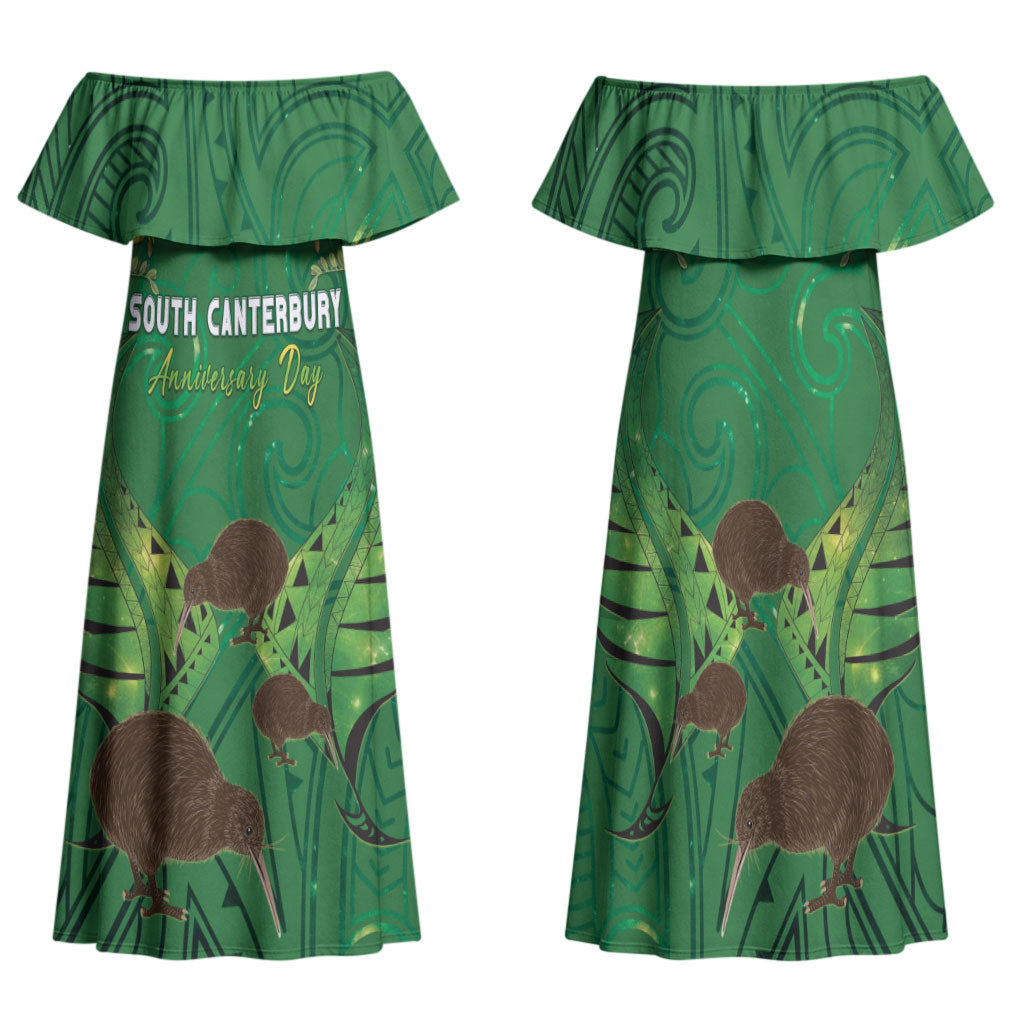 Personalised South Canterbury Anniversary Day Family Matching Off Shoulder Maxi Dress and Hawaiian Shirt Kiwi Kowhai Silver Fern Maori Pattern LT22 Mom's Dress Green - Polynesian Pride