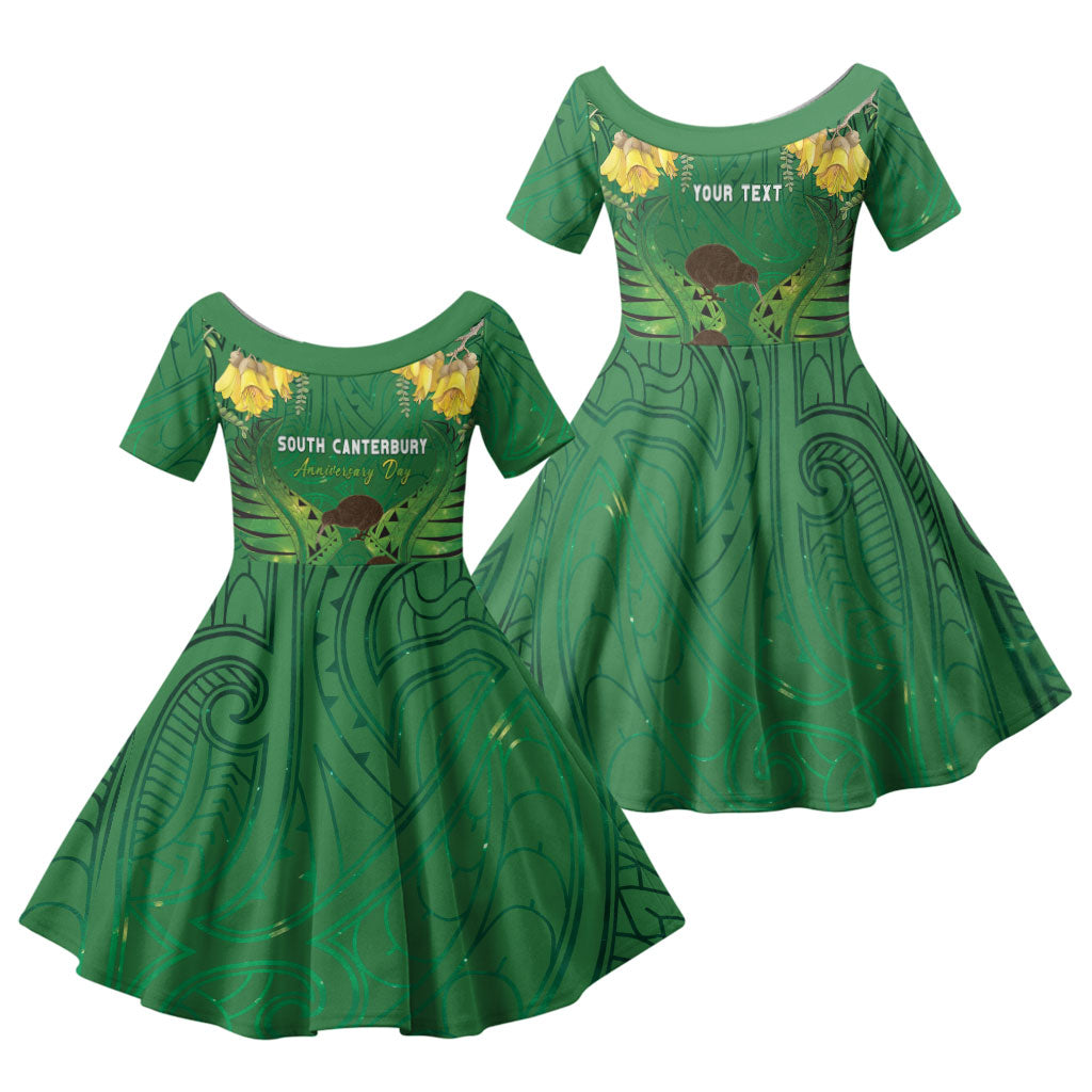 Personalised South Canterbury Anniversary Day Family Matching Off Shoulder Maxi Dress and Hawaiian Shirt Kiwi Kowhai Silver Fern Maori Pattern LT22 Daughter's Dress Green - Polynesian Pride