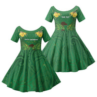 Personalised South Canterbury Anniversary Day Family Matching Off Shoulder Maxi Dress and Hawaiian Shirt Kiwi Kowhai Silver Fern Maori Pattern LT22 Daughter's Dress Green - Polynesian Pride