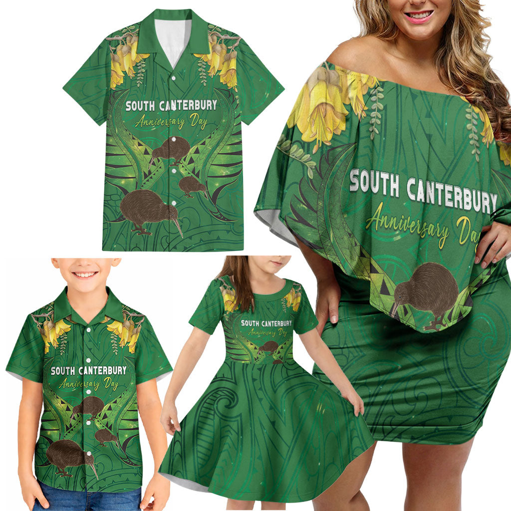 Personalised South Canterbury Anniversary Day Family Matching Off Shoulder Short Dress and Hawaiian Shirt Kiwi Kowhai Silver Fern Maori Pattern LT22 - Polynesian Pride