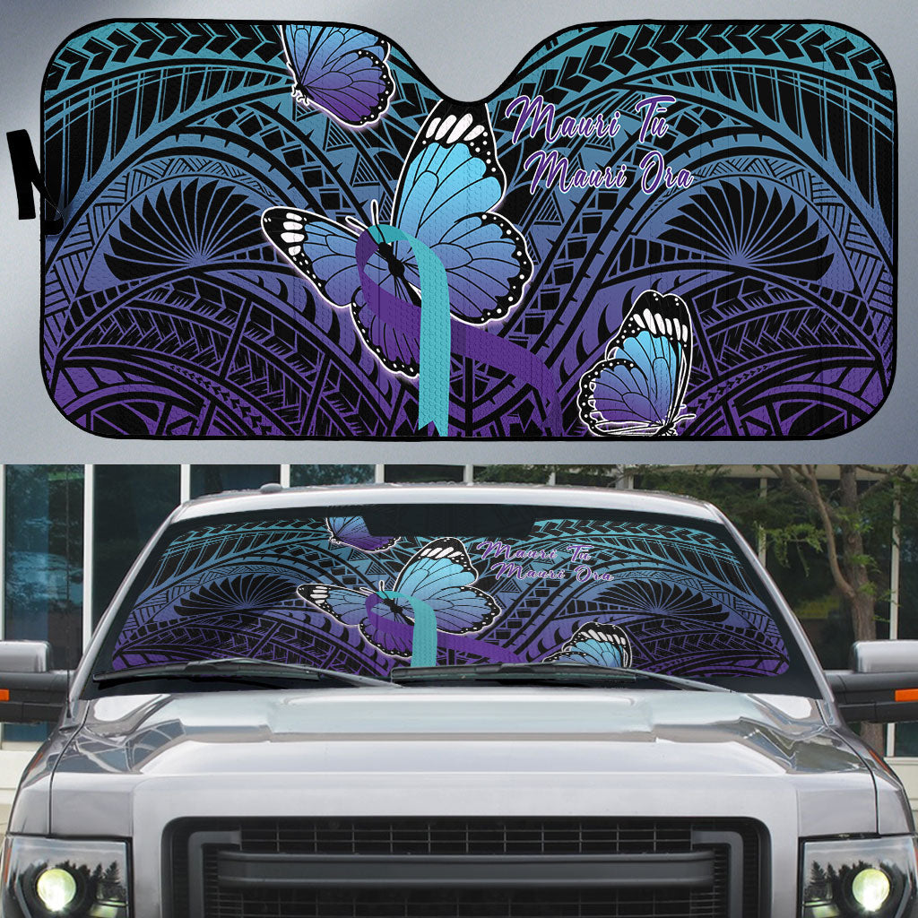 New Zealand Suicide Prevention Month Auto Sun Shade Maori Mauri Tu Mauri Ora Polynesian Pattern LT22 Teal - Polynesian Pride