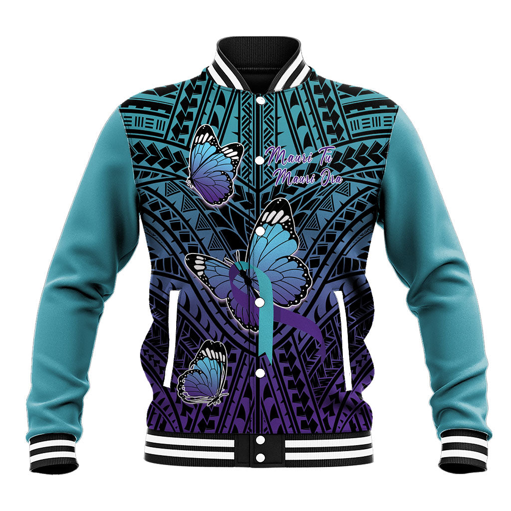 Personalised New Zealand Suicide Prevention Month Baseball Jacket Maori Mauri Tu Mauri Ora Polynesian Pattern